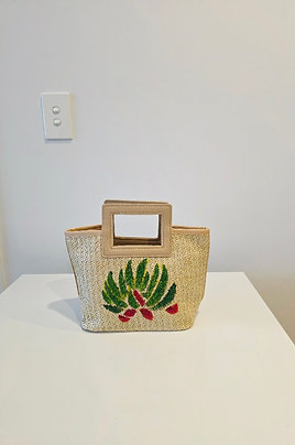 Woven hand-painted beige tote bag with lotus image