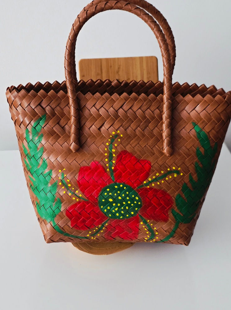 Thumbnail: Woven bayong hand-painted TAN bag with large red flower (OLIVIA)