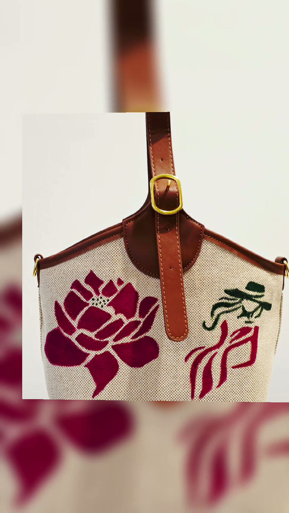 Thumbnail: Woven hand-painted tote bag with red lotus and silhouette (KIARA)