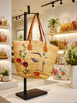 Woven straw khaki hand-painted woman face with floral accent (MADHU)