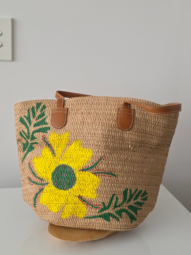 Thumbnail: Woven hand-painted KHAKI bag with large yellow flower (PALOMA)