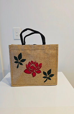 Woven Linen large hand-painted tote bag with flower and leaves image