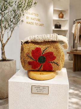 Woven hand-painted KHAKI and OFF WHITE bag with large red flower (PENELOPE 2)