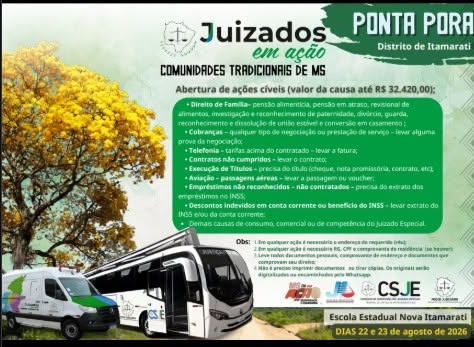 JUSTIÇA ITINERANTE CHEGA AO DISTRITO DE ITAMARATI NOS DIAS 22 E 23 DE AGOSTO