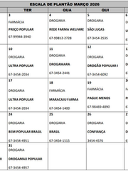 Segue abaixo a relação dos plantões das farmácias em atendimento no mês de Março de 2026.