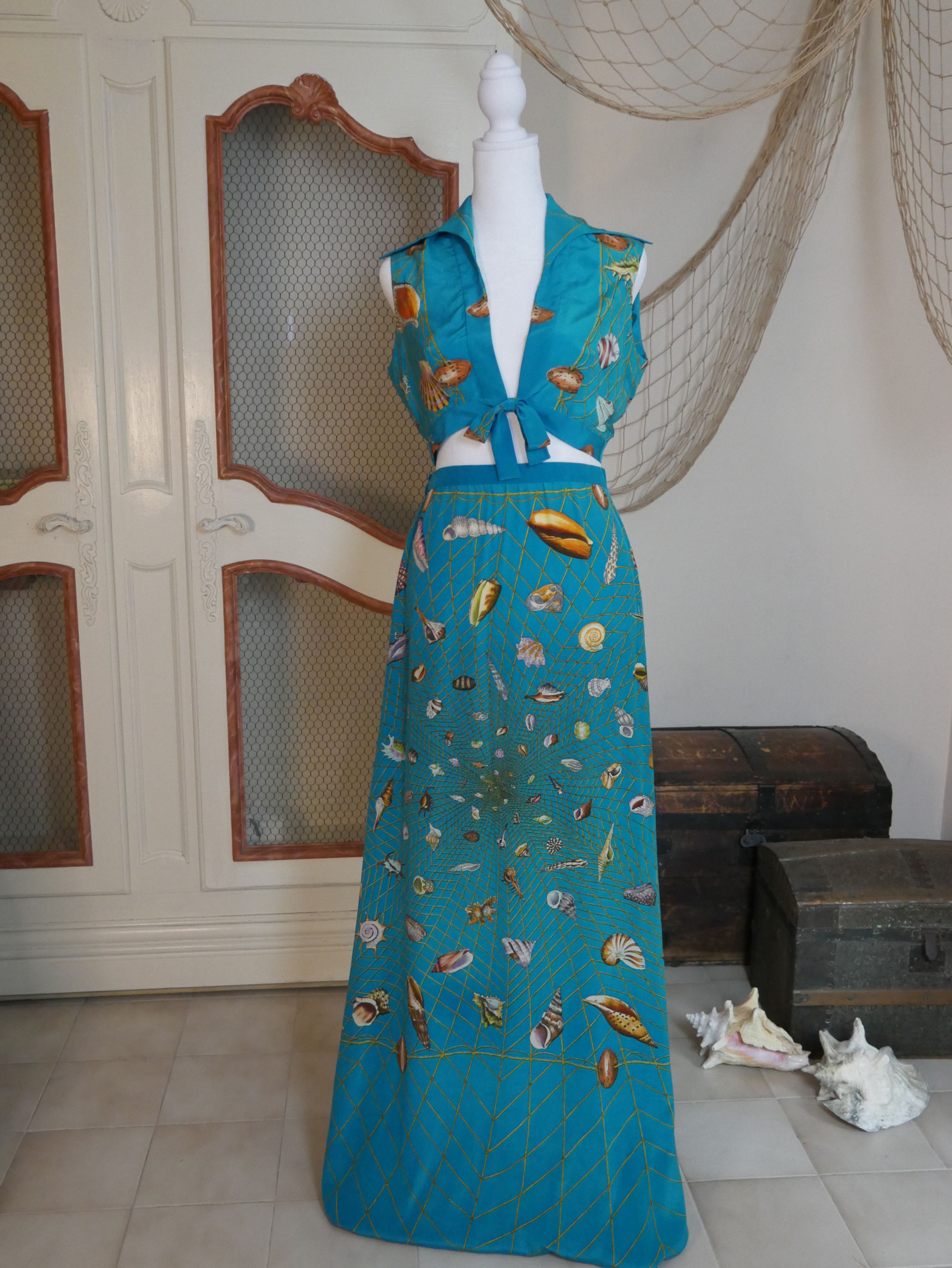 Gucci Vintage 1970s Iconic Seashell Fishnet Siren Silk Two Piece Set