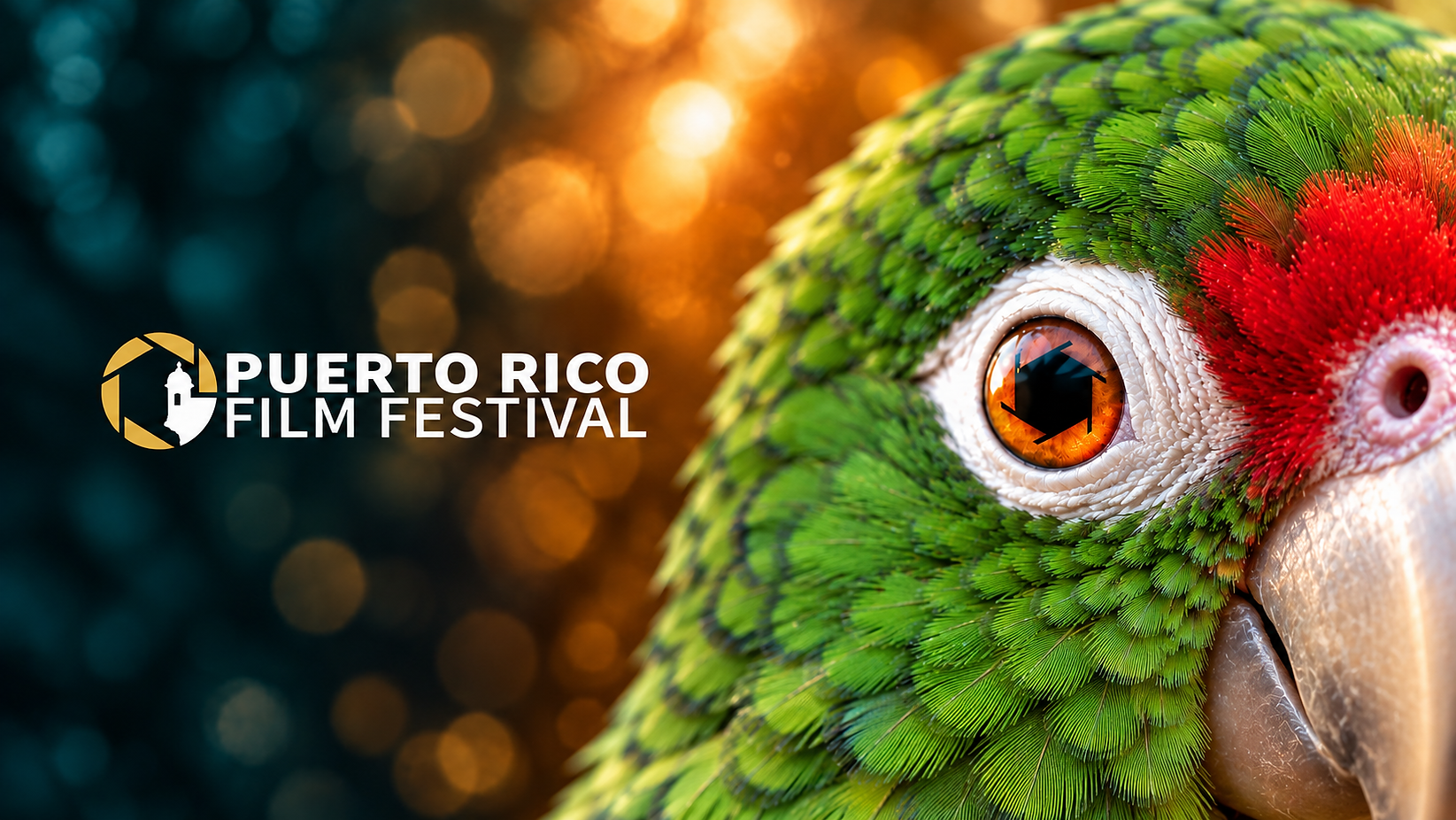 Logo de Puerto Rico Film Festival con primer plano de una cotorra puertorriqueña.