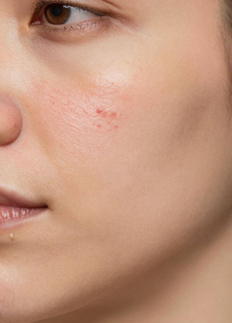 Close-up of facial acne breakouts and redness on cheek