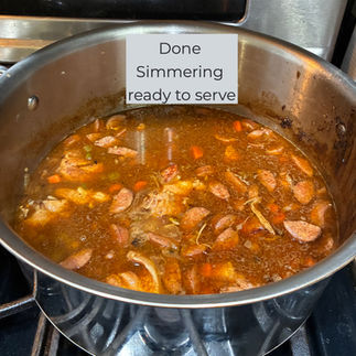 Done simmering when the broth looks like this and the poultry is soft and shred and sausage softened