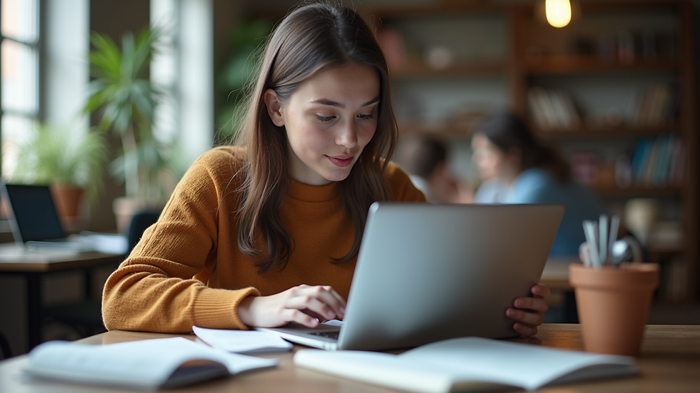 Eye-level view of a student studying with a laptop
