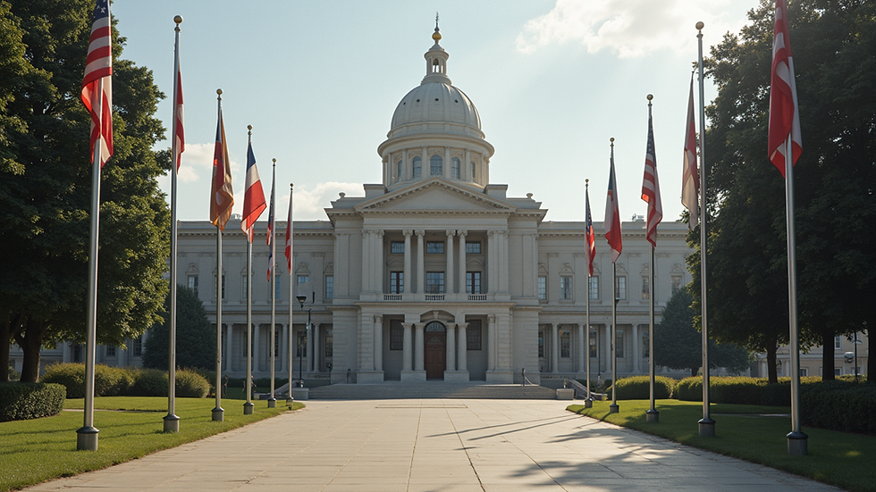 Eye-level view of a government building entrance with flags