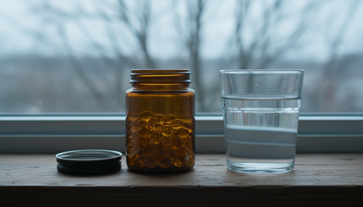 Close-up of vitamin D capsules beside a glass of water in soft winter light.