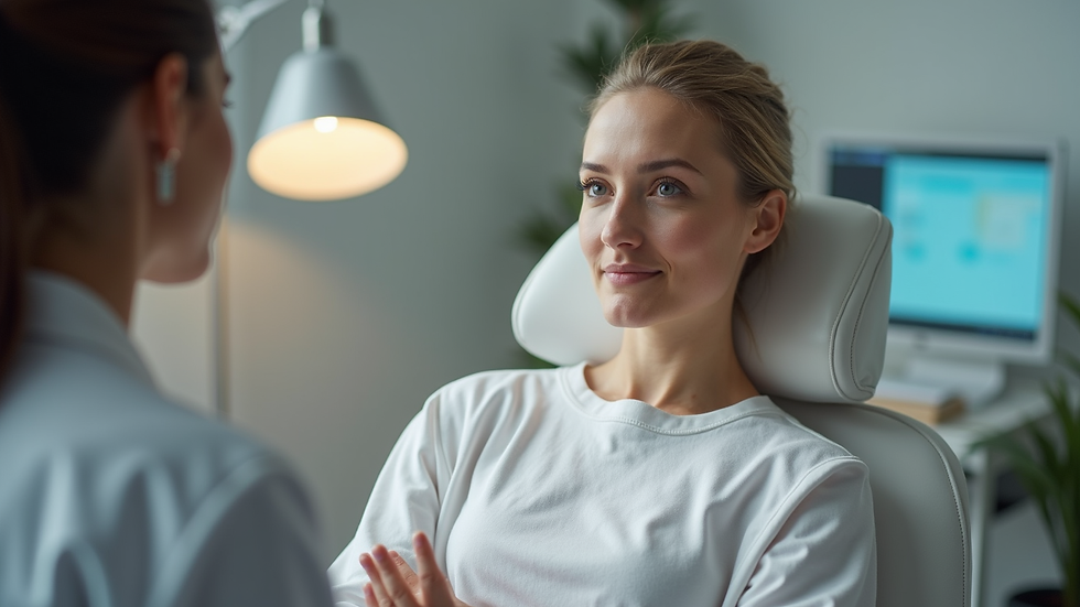 Eye-level view of a consultation room with a practitioner explaining dermal filler options