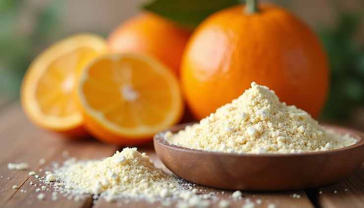 Close-up view of a glass bowl filled with fresh vitamin C-rich oranges and a small dish of glutathione powder on a wooden table