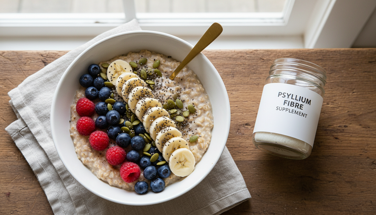 Overhead view of a bowl of oats with berries, seeds, and a fibre supplement jar nearby.
