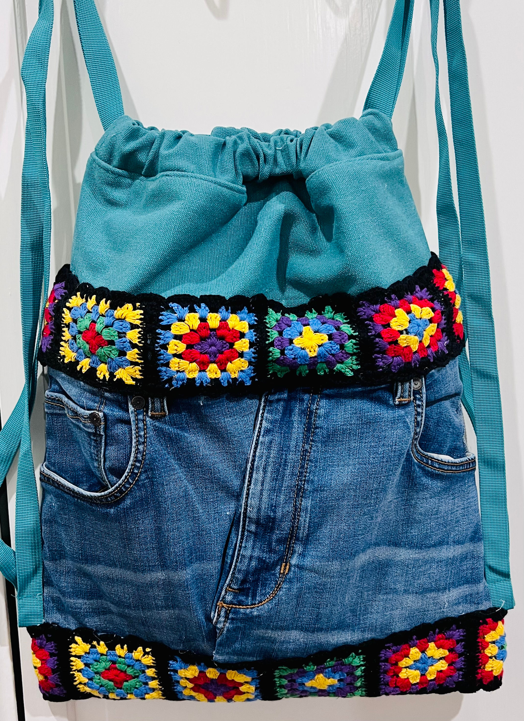 Teal Granny Square Jean Backpack