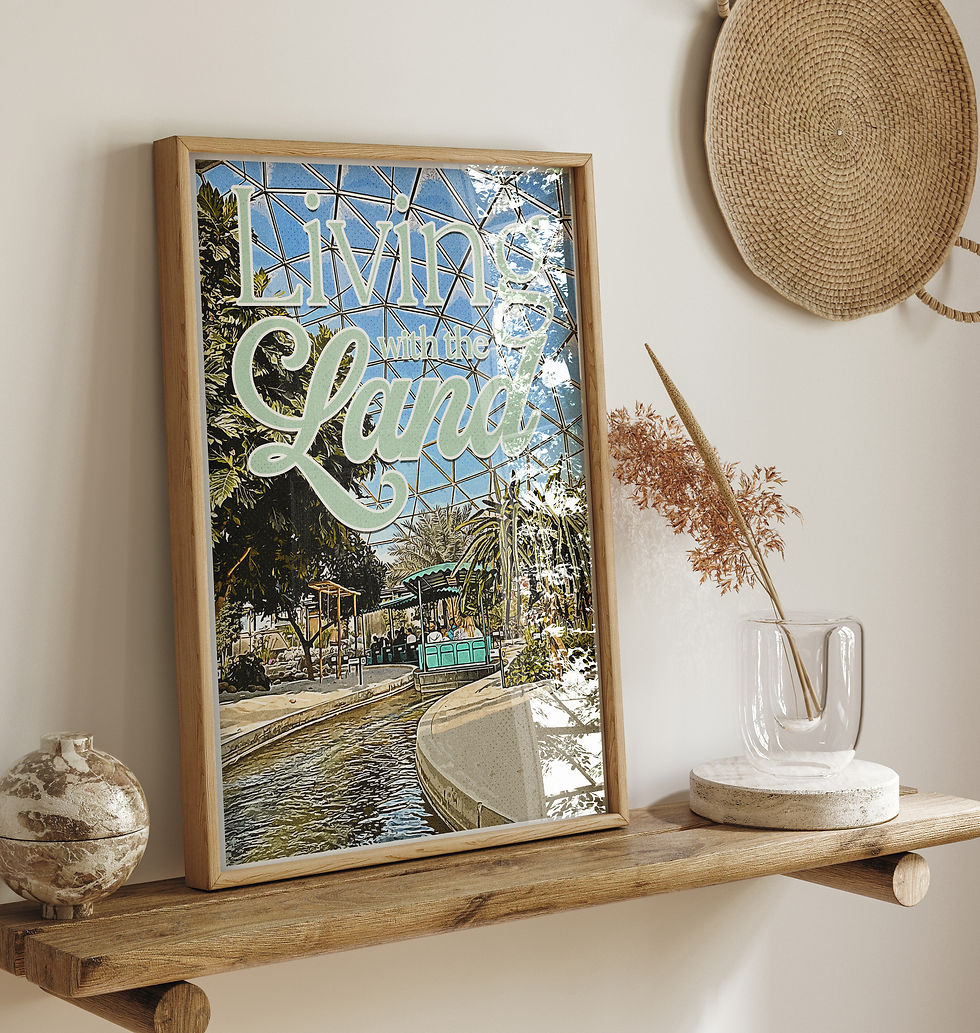 Thumbnail: Theme park poster in a wood frame resting on a floating wooden shelf alongside dried botanicals and textured ceramic vases.