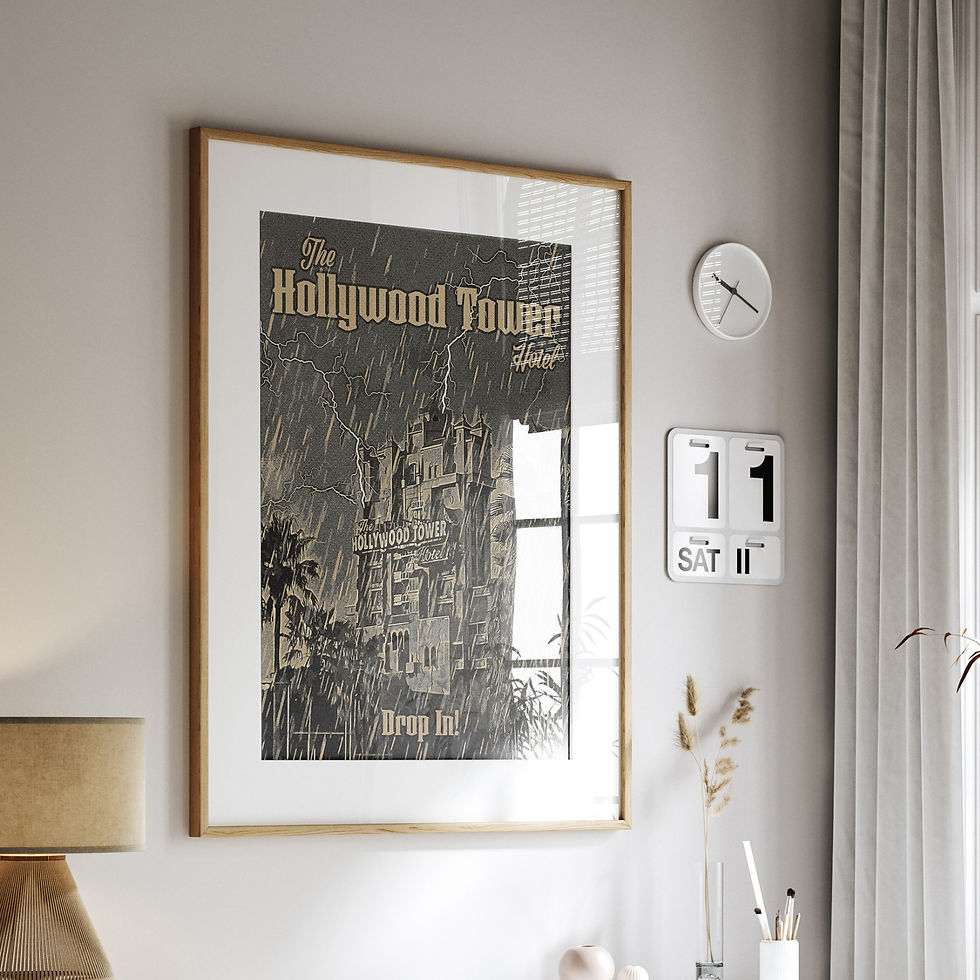 The Hollywood Tower Hotel print hanging above a desk