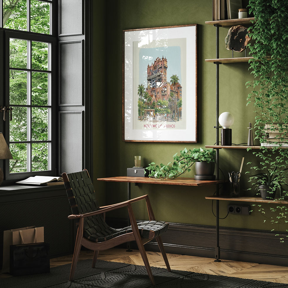 Thumbnail: Hollywood Tower Hotel art print in a dark green home office