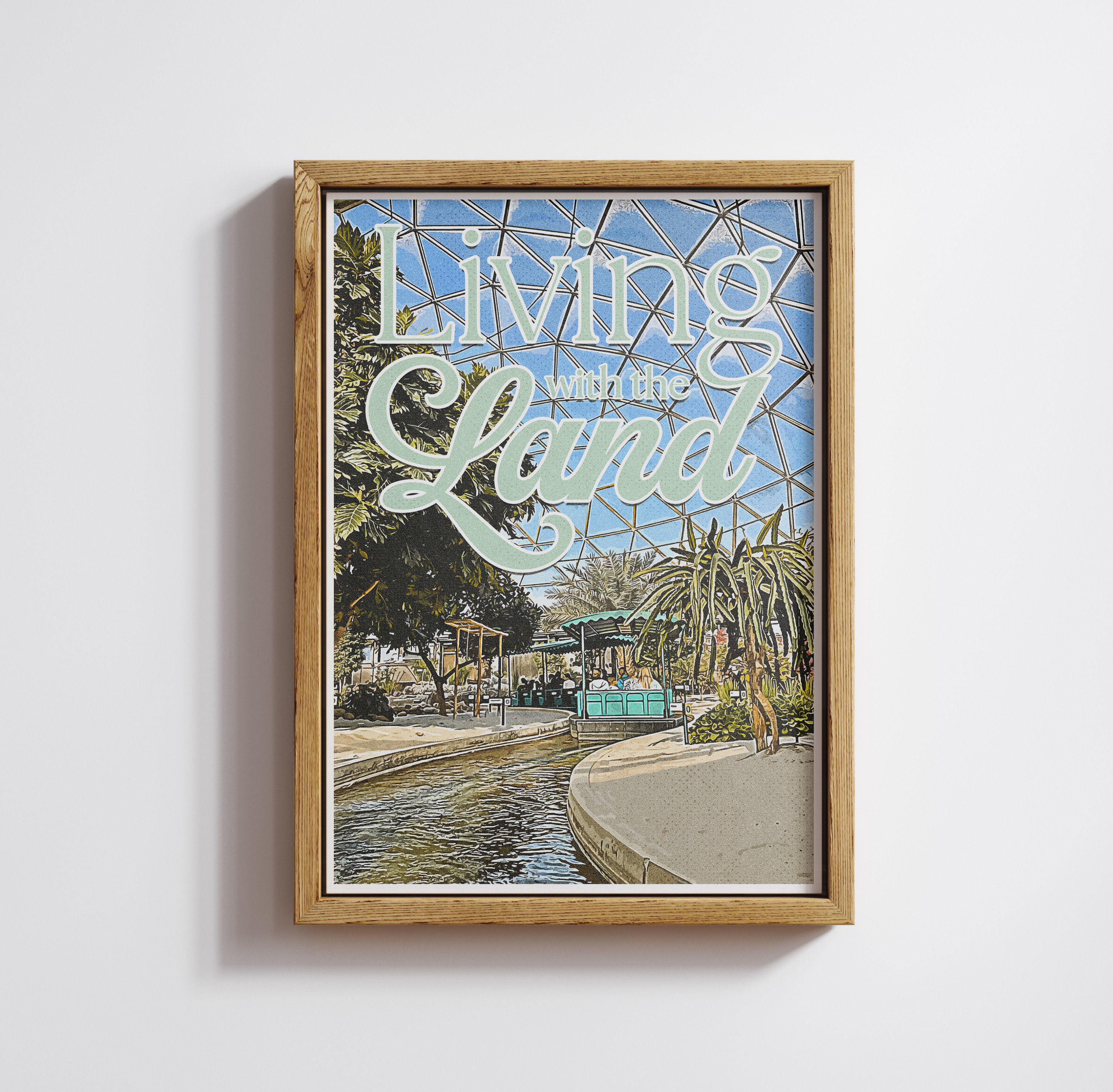 Close-up of the Living with the Land poster in a natural wood frame hanging securely on a clean, minimalist white wall.