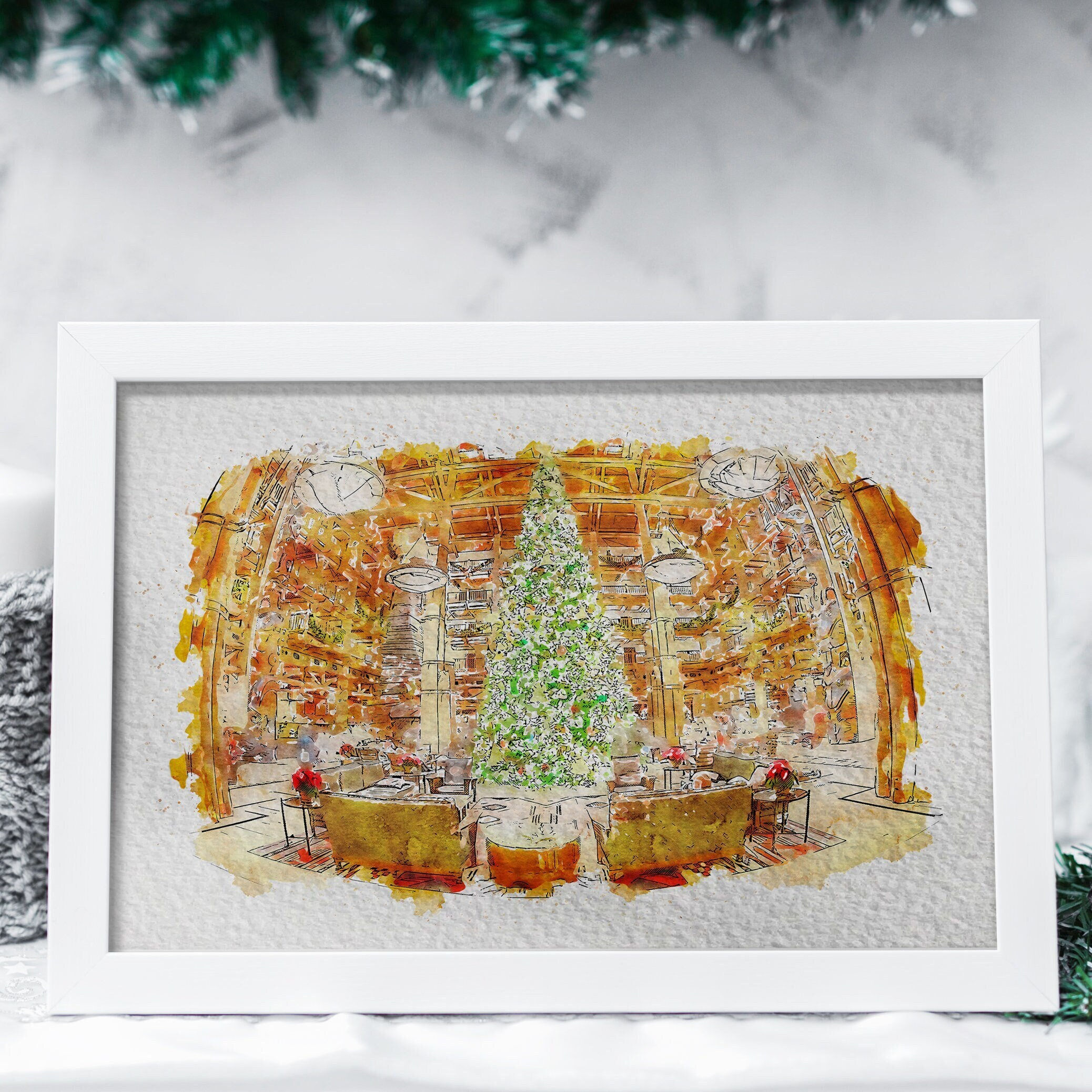 Wilderness Lodge Christmas Watercolour Print, Walt Disney World Print