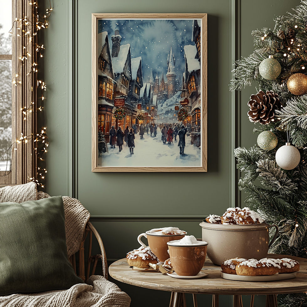 Thumbnail: Hogsmeade Winter Wonderland Art Print, Snowy Wizarding Village Christmas Scene, Magical Holiday Hogsmeade Street Illustration