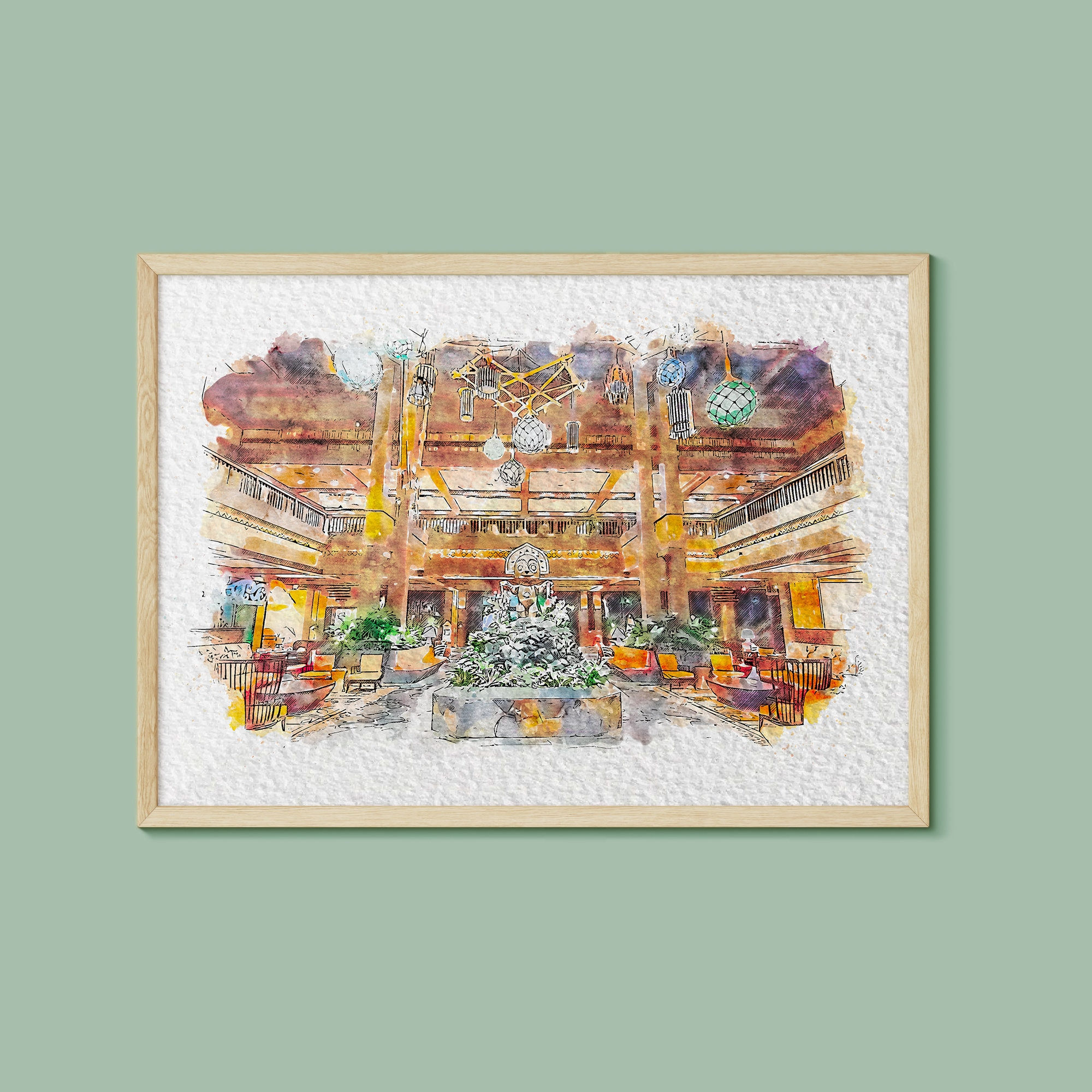 Polynesian Village Resort Lobby Watercolour, Walt Disney World Print