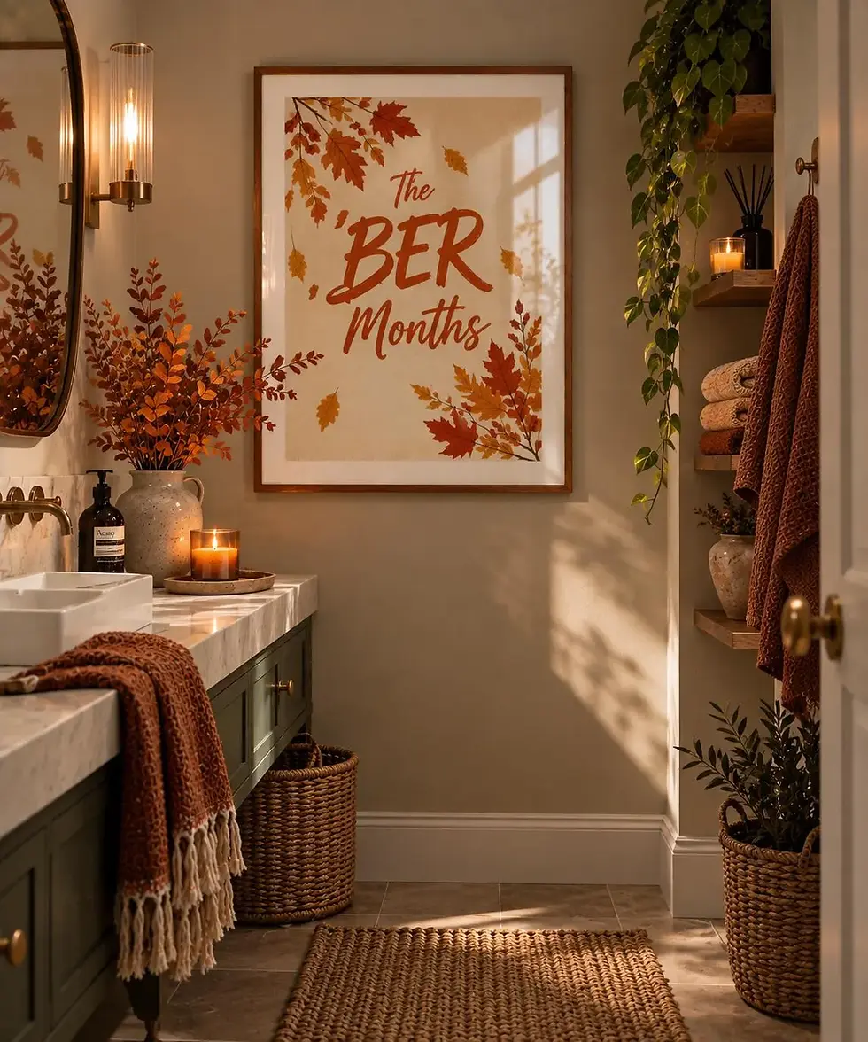 Thumbnail: The ’BER Months autumn wall print displayed in a cosy bathroom with warm autumn tones, natural wood and seasonal decor.