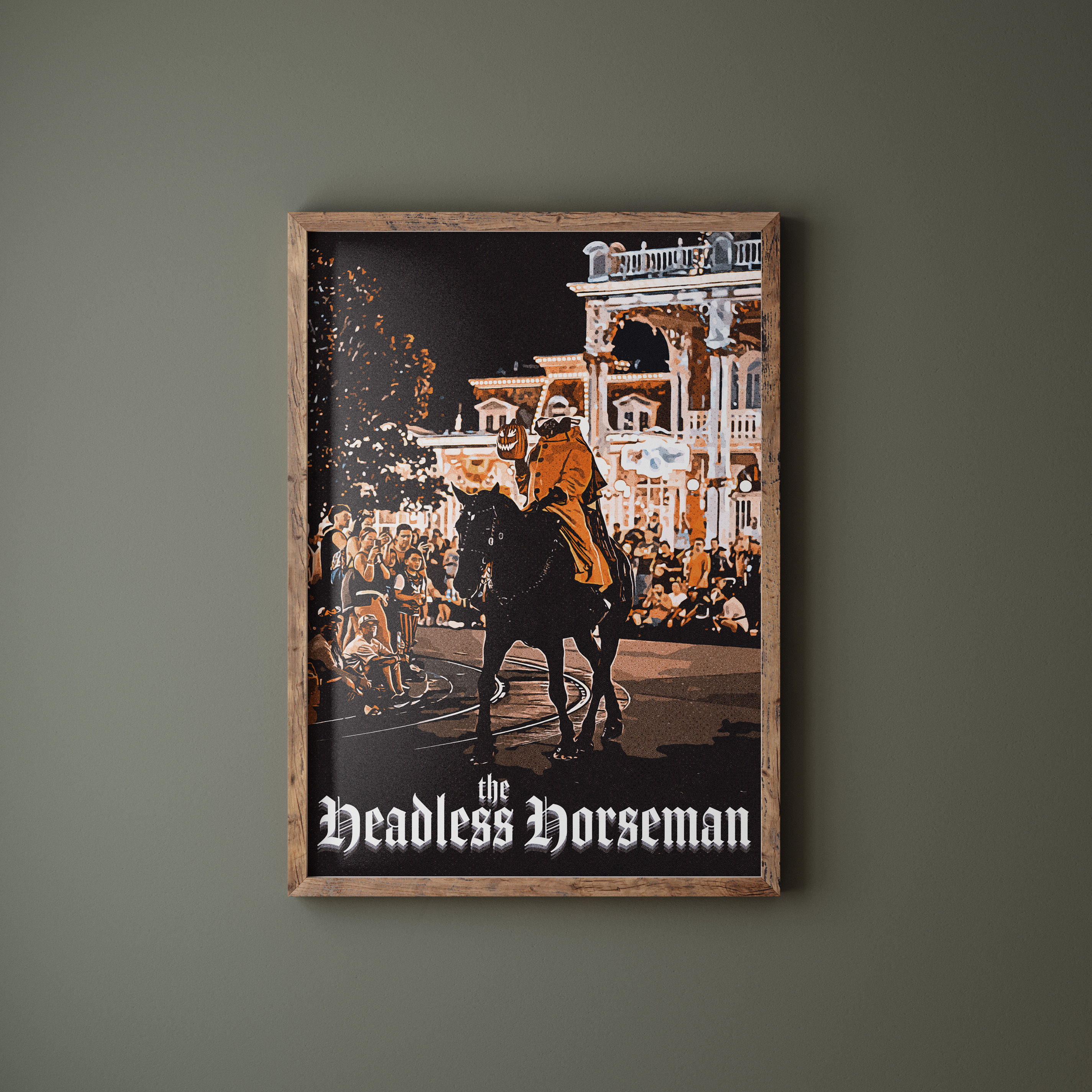 Headless Horseman Halloween Print featuring a pumpkin-holding horseman in black and burnt orange vintage poster style.