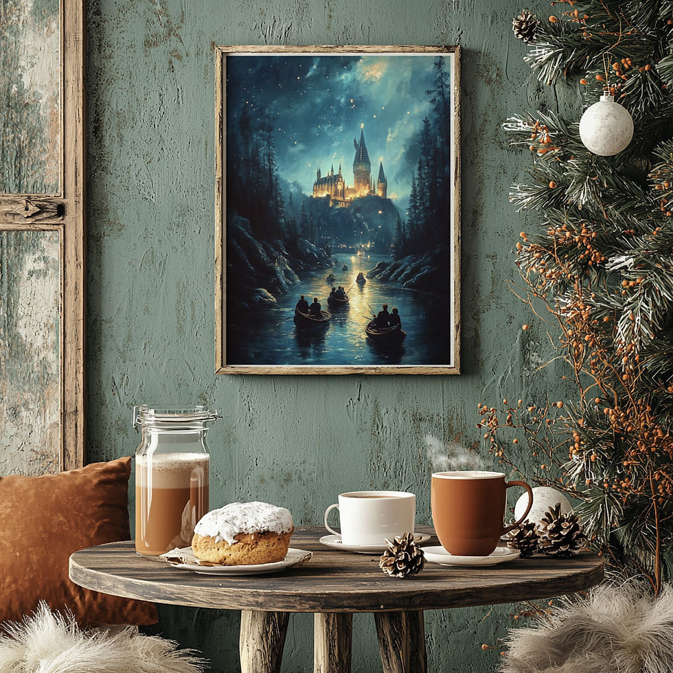 Thumbnail: Magical Hogwarts Lake Scene Art Print, Wizarding World Night Journey Illustration, First Year Boat Ride to Hogwarts Wall Deco