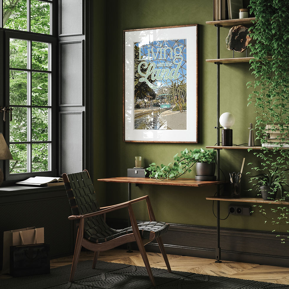 Thumbnail: Theme park wall art displayed in a dark, moody corner with a black framed window, leather chair, and lush trailing plants.