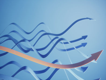 Orange colored arrow standing out from the blue wavy arrows on blue background, can be used in career growth, money improvement etc. concepts.