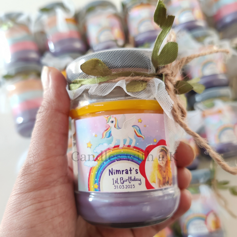 Personalized Unicorn Rainbow Theme Birthday Return Gift Boxes - Standard 100ml Layered Candles - Candles with a K