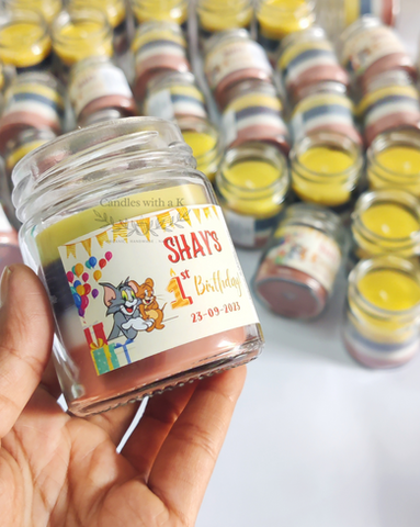 Personalized Tom and Jerry Theme Birthday Return Gift Boxes - Standard 100ml Layered Candles - Candles with a K