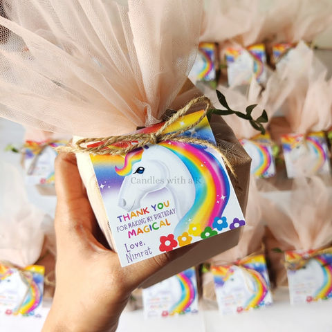 Personalized Unicorn Rainbow Theme Birthday Return Gift Boxes - Standard 100ml Layered Candles - Candles with a K
