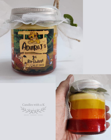 Personalized Lion King Theme Birthday Return Gift Boxes - Standard 100ml Layered Candles - Candles with a K