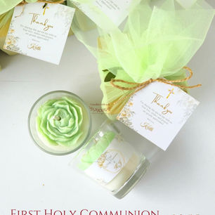 Handmade sage green peony flower soy wax votive candle in a clear glass jar with gold personalized communion sticker and thank-you card, First Holy Communion return gift by Candles with a K Bangalore