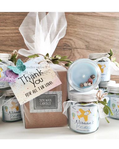 Personalized Airplane Theme Birthday Return Gift Boxes - Standard 100ml Candles - Candles with a K