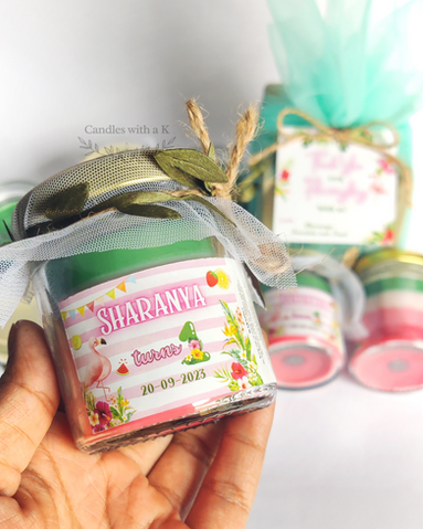 Personalized Flamingo Theme Birthday Return Gift Boxes - Standard 100ml Layered Candles - Candles with a K