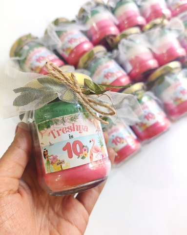 Personalized Flamingo - Hawaii Theme Birthday Return Gift Boxes - Standard 100ml Layered Candles - Candles with a K