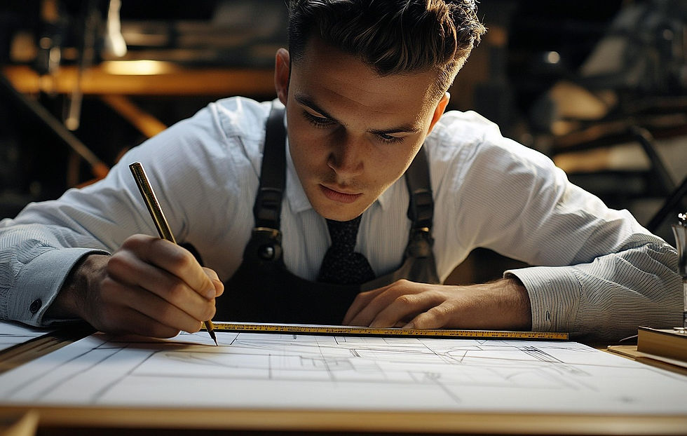 Focused young professional drawing precise architectural plans with a pencil and ruler, illustrating deep concentration and productivity.