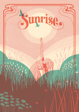 vintage style illustration with risograph effect of woman with grassy landscape by lizzy thomas davies