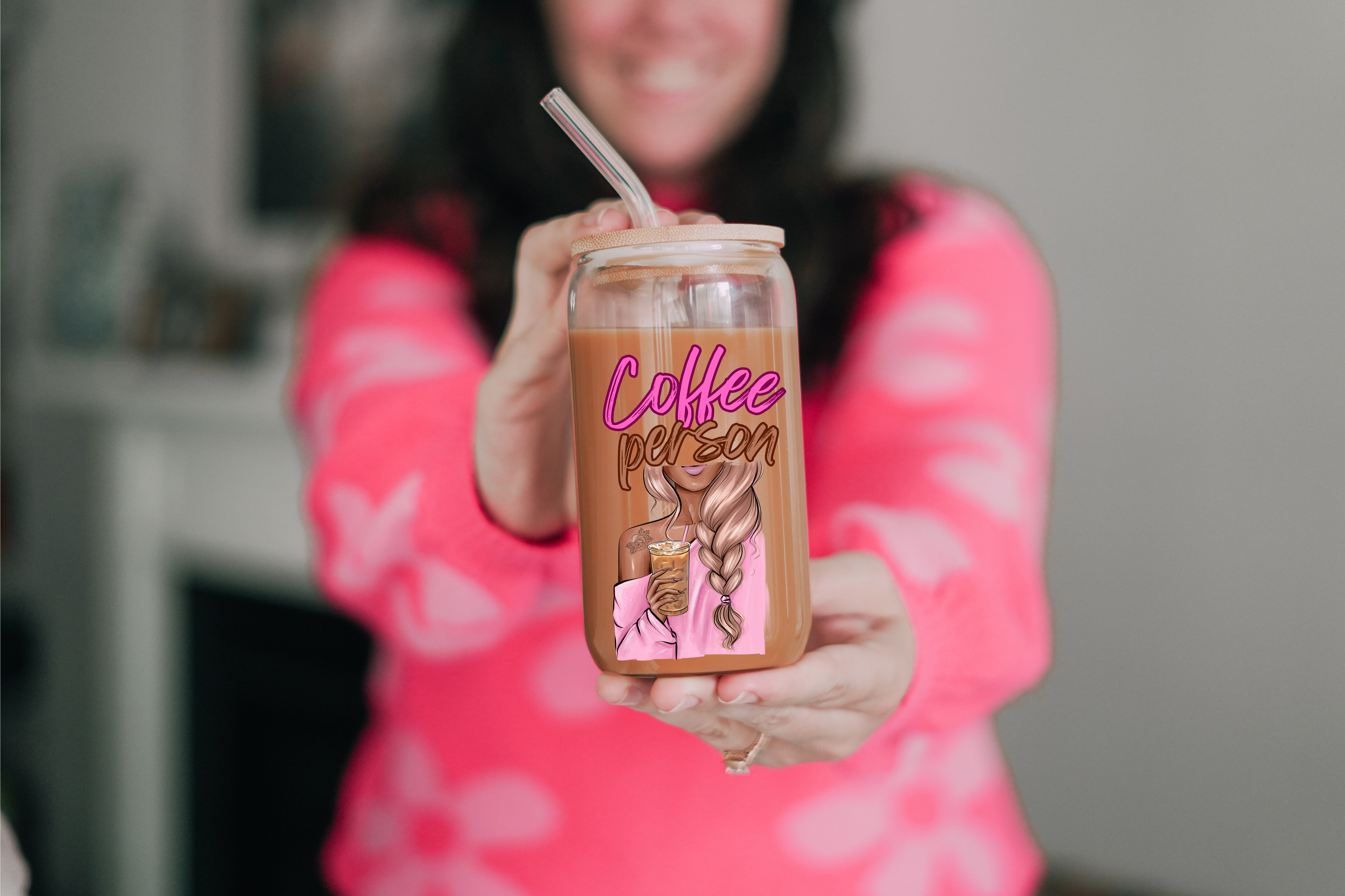 Coffee Person BG Blonde Hair 16 oz. Glass Can