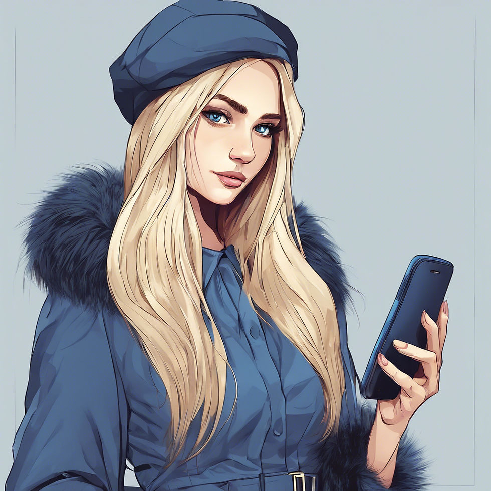 woman, blonde, long hair, thin, stylish, blue eyes, dress, cell phone, purse, tall, fur.jpg