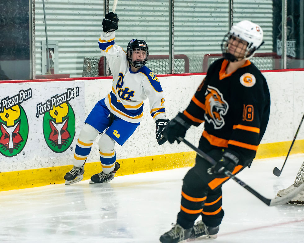 Fletcher Lyttleton (8) celebrates her first period goal for the Pitt Panthers during a game at the RMU Island Sports Complex Sunday morning. -- (Ed Major / PHC)