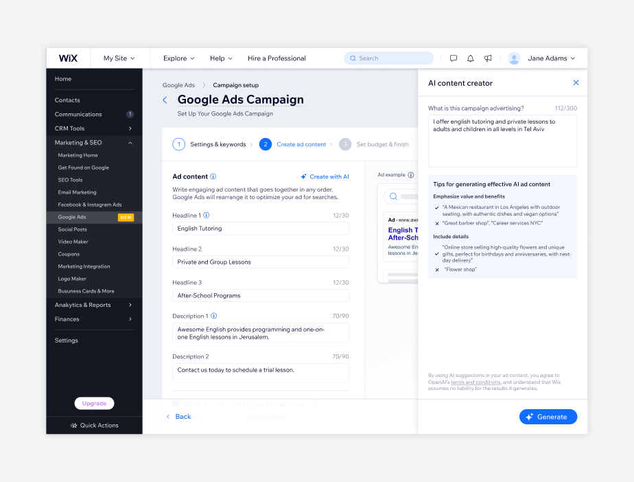 KI für Google Ads von Wix