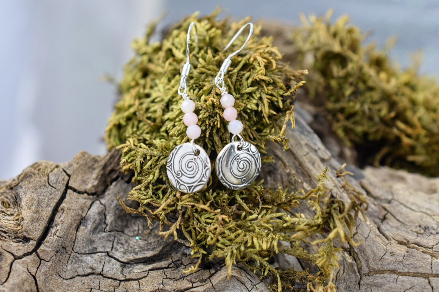 Delicate Swirl Charm Earrings with Pink Opal – A Connection to Life’s Grace