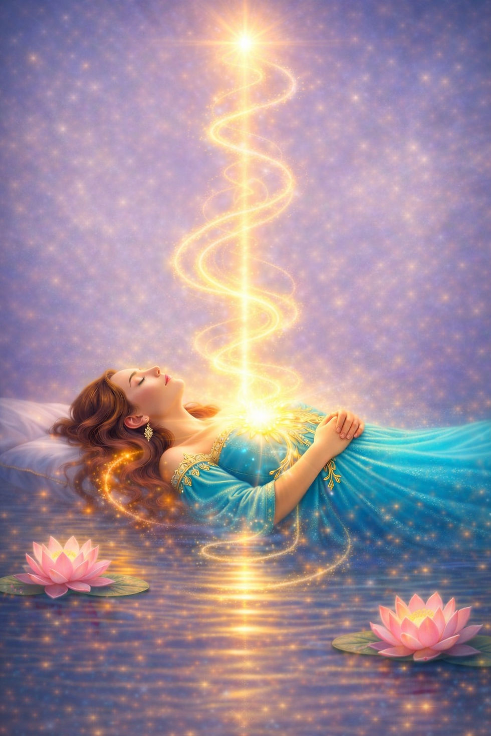 Woman laying down with healing golden light moving into her from above.