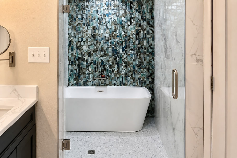 Spa Inspired Wet Room in Destin, Florida by Maison Vue Home. Luxury Wet Room with a Freestanding Soaking Tub