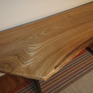 Closeup of wood grain and finish of sassafras desktop